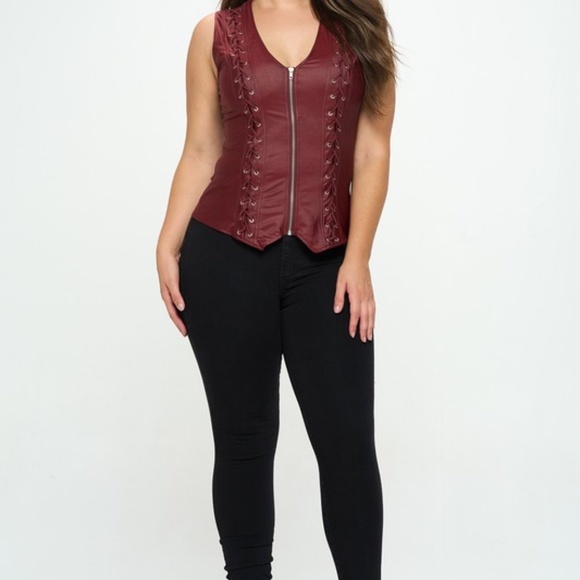 SEXY Faux Leather Zip Front Lace Up Strappy Fitted Vest Burgundy - Picture 9 of 9
